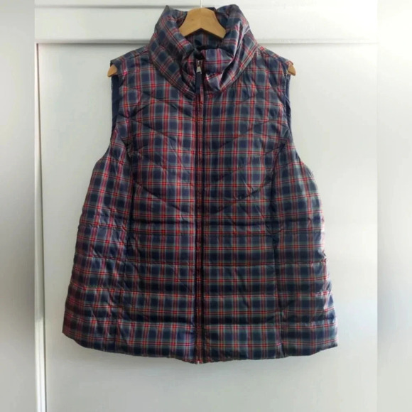Talbots Quilted Goose Down Puffer vest Navy/red/Green Plaid - Picture 2 of 8